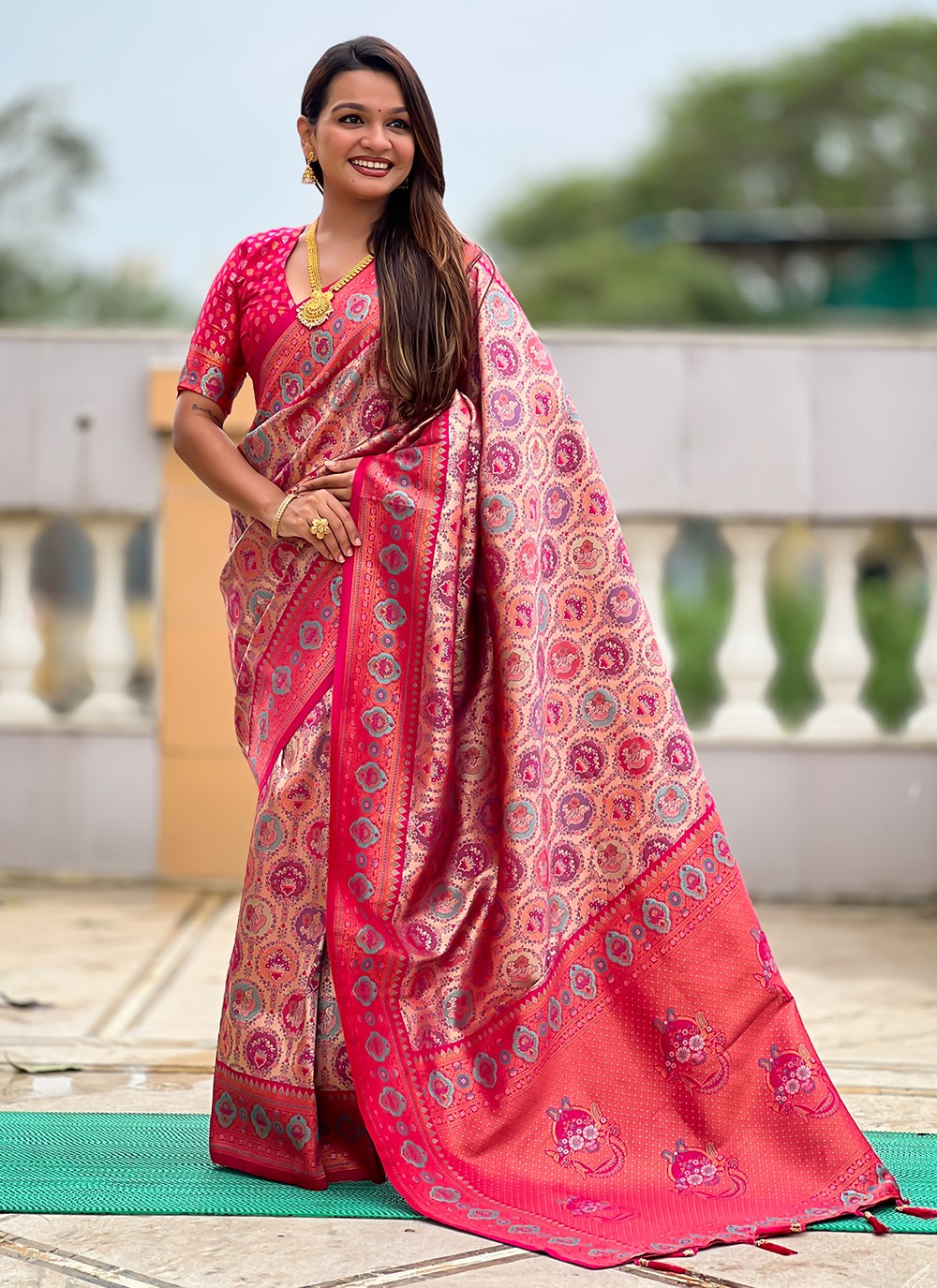 Pink Kanjivaram Silk Trendy Saree Jacquard Work, Woven S18797
