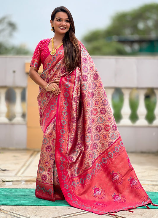 Pink Kanjivaram Silk Trendy Saree Jacquard Work, Woven S18797