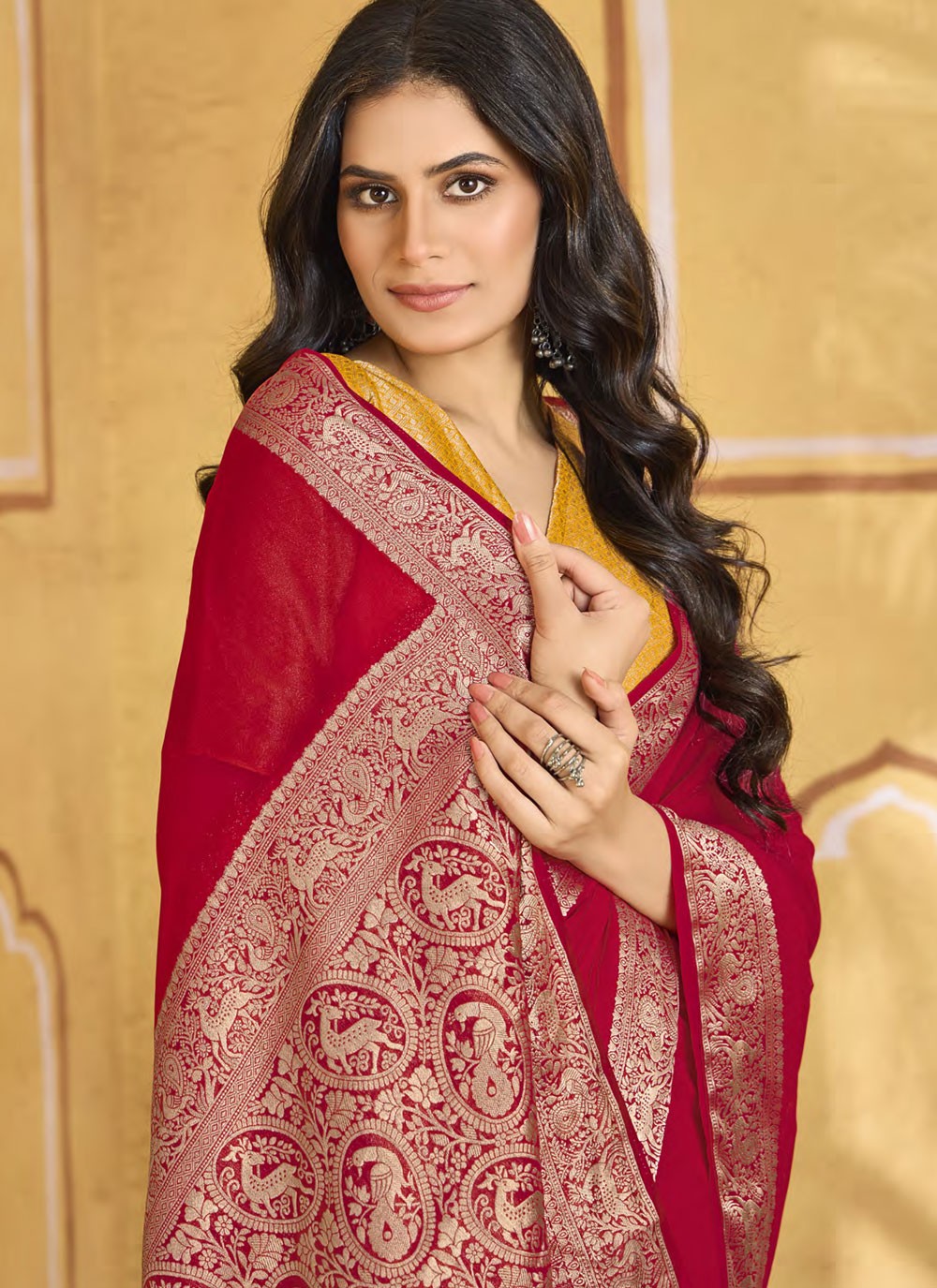 Contemporary Jacquard Work Hot Pink Chiffon Saree S13344
