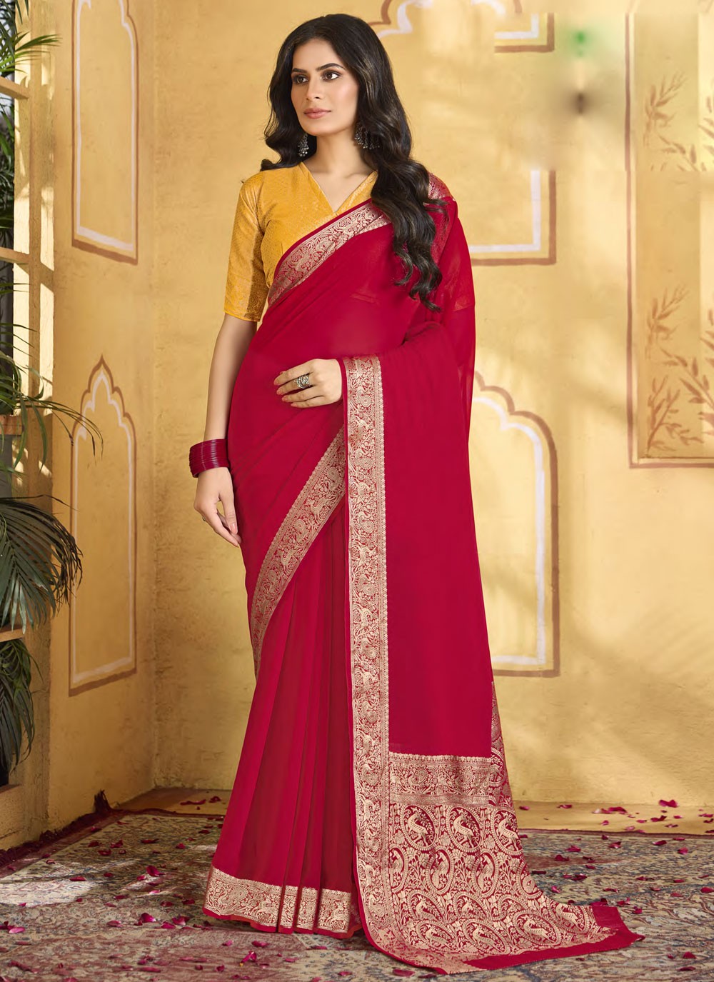 Contemporary Jacquard Work Hot Pink Chiffon Saree S13344