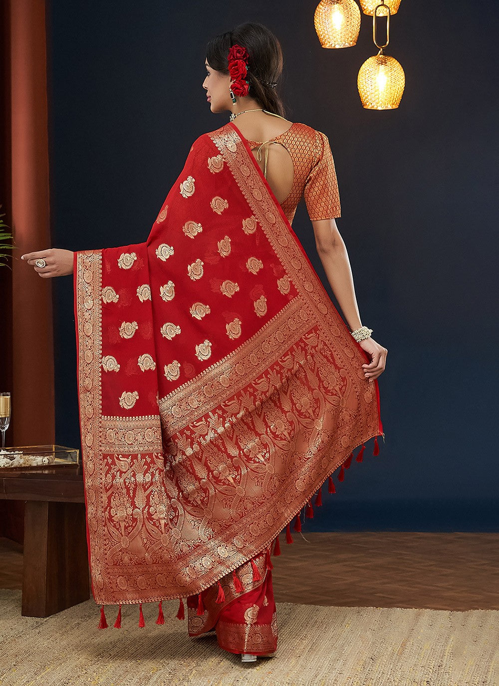Contemporary Jacquard Work Red Georgette S12543