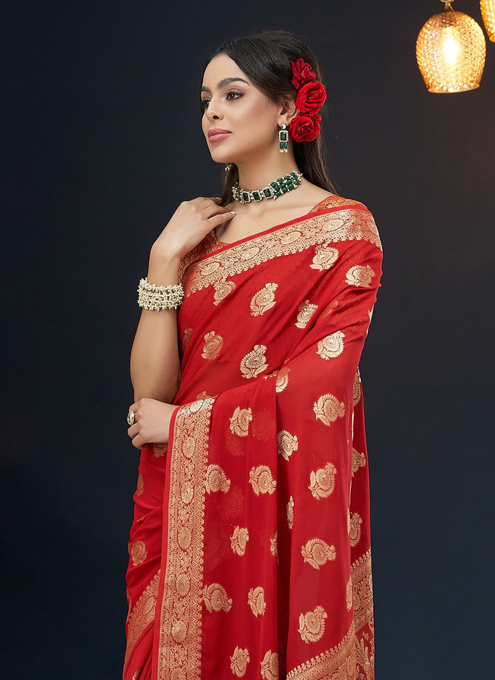 Contemporary Jacquard Work Red Georgette Saree S12543