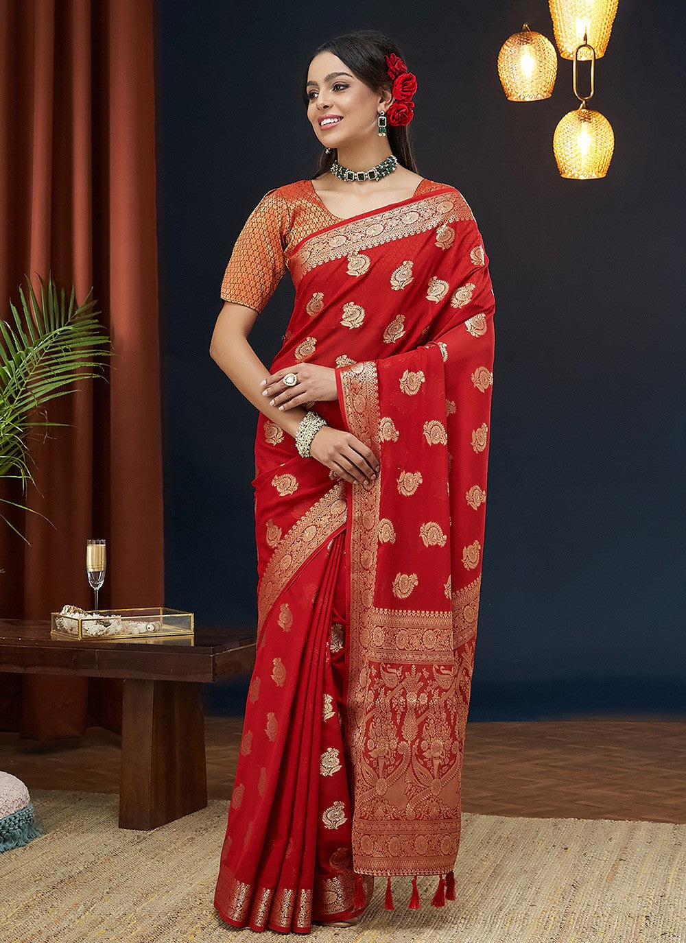 Contemporary Jacquard Work Red Georgette Saree S12543