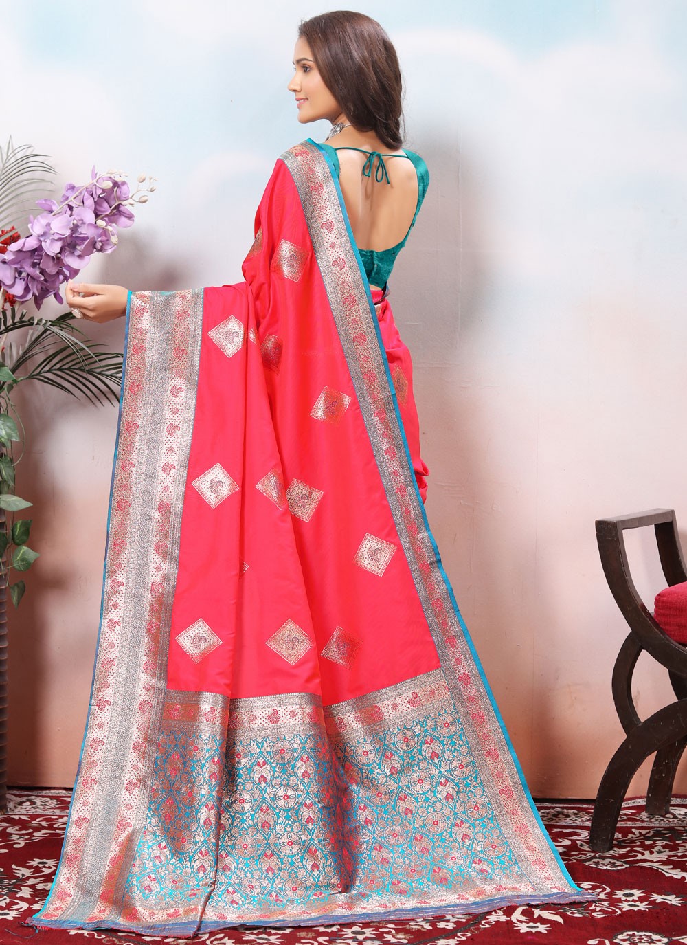 Border Work Silk Pink Classic Saree S15427