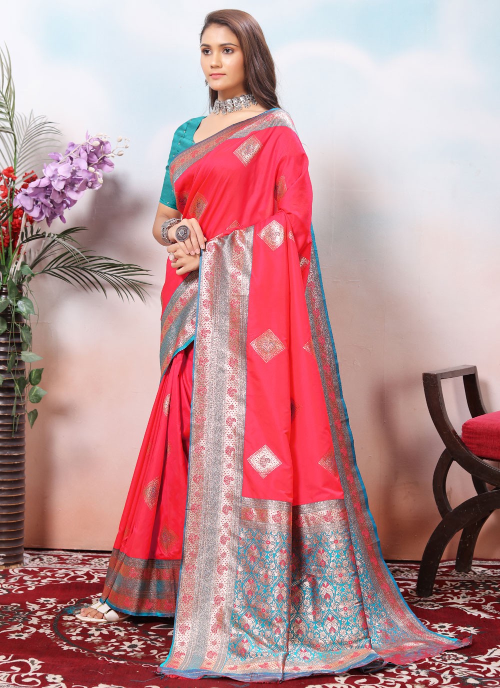 Border Work Silk Pink Classic Saree S15427