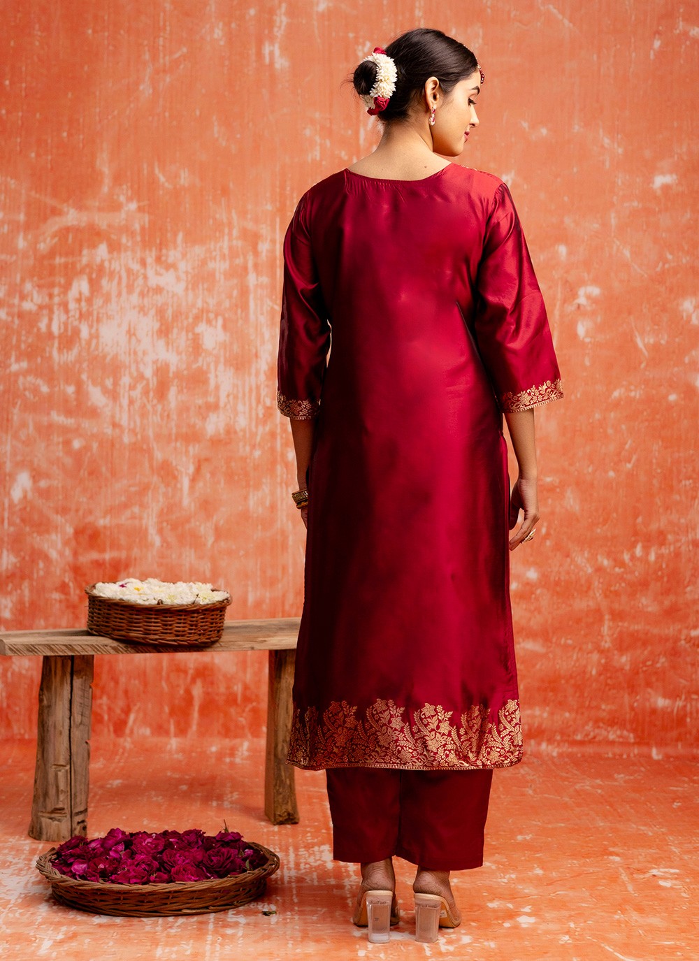Pant Style Suit Jacquard Work, Zari Maroon T7290