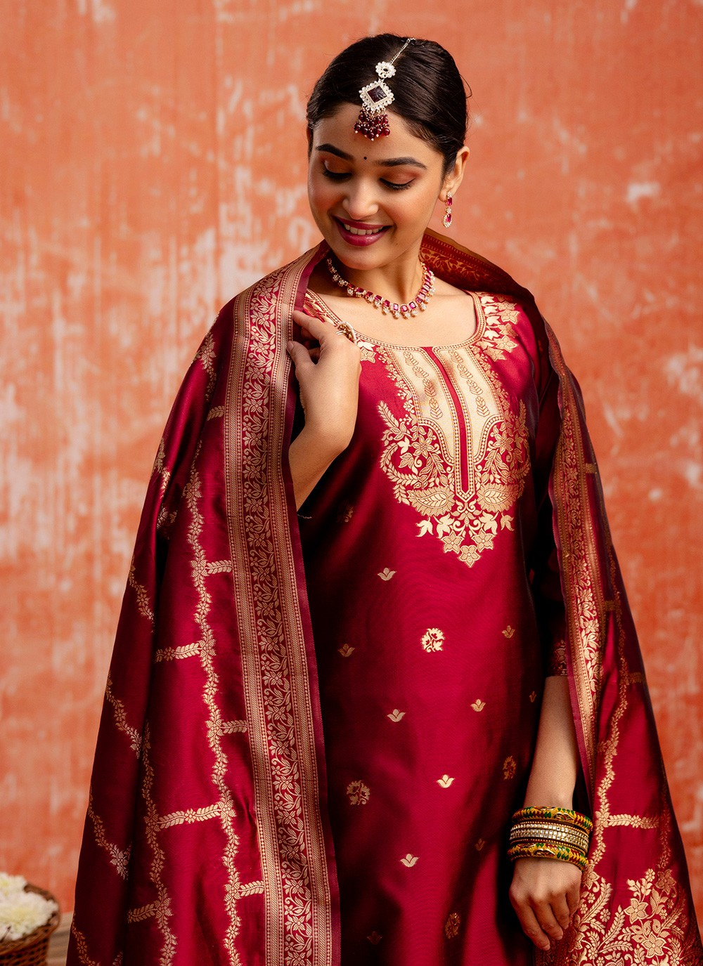 Pant Style Suit Jacquard Work, Zari Maroon T7290
