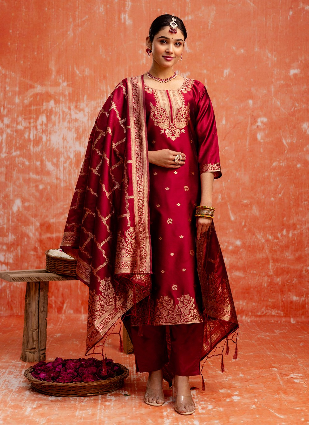 Pant Style Suit Jacquard Work, Zari Maroon T7290