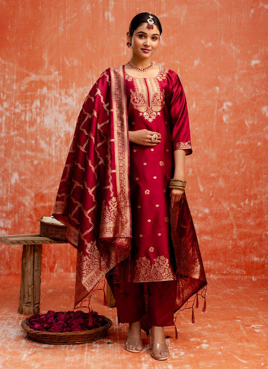 Pant Style Suit Jacquard Work, Zari Maroon T7290