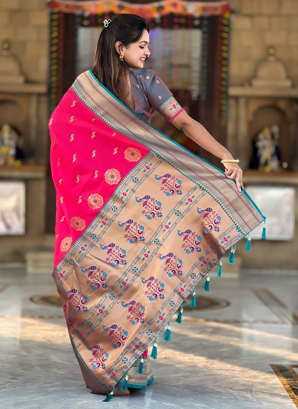 Hot Pink Silk Classic Saree Jacquard Work S16046