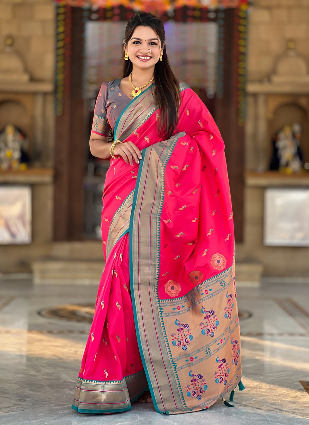 Hot Pink Silk Classic Saree Jacquard Work S16046