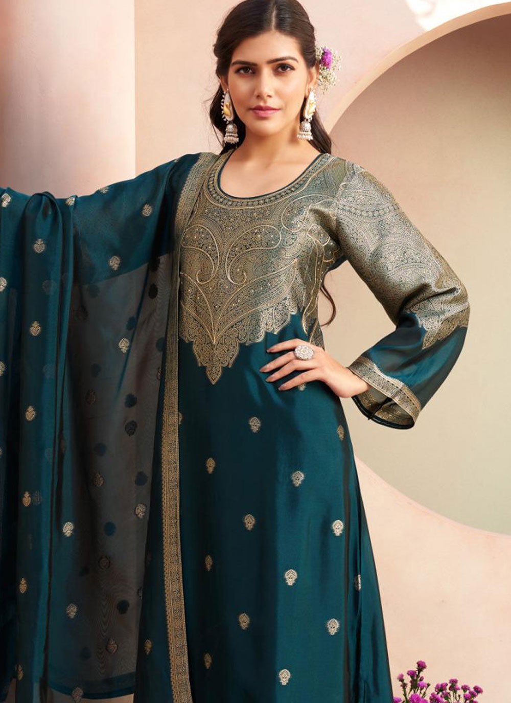 Crystals Silk Morpeach Pant Style Suit T6589