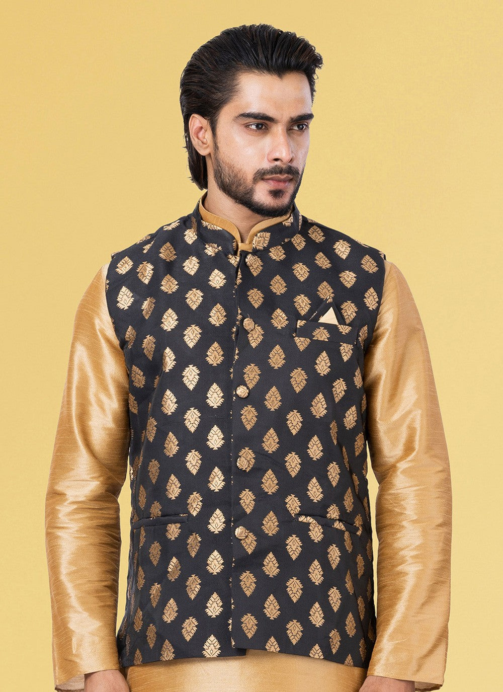 Jacquard Work Silk Black Nehru Jackets - M7440