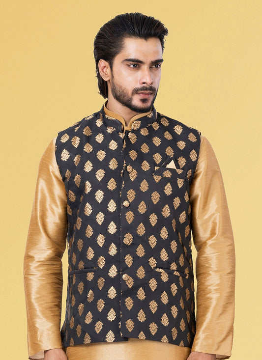Jacquard Work Silk Black Nehru Jackets - M7440