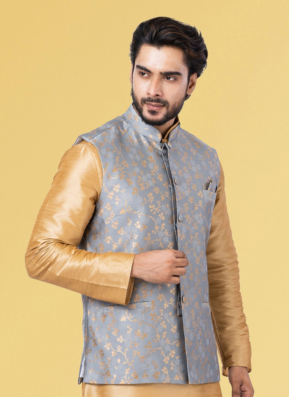 Jacquard Work Silk Grey Nehru Jackets - M7449