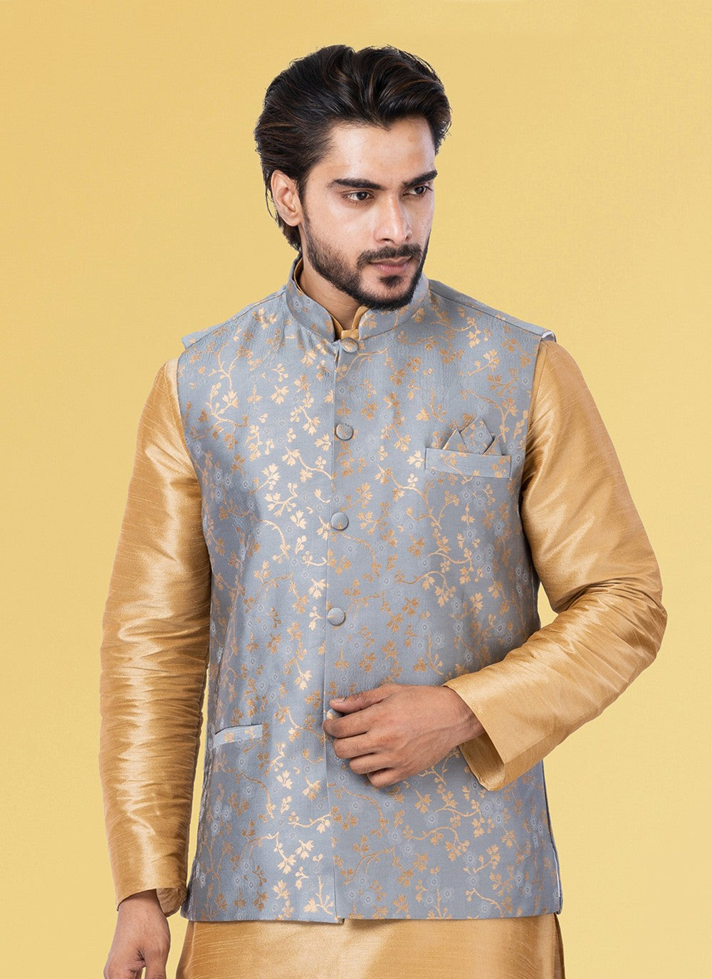 Jacquard Work Silk Grey Nehru Jackets - M7449
