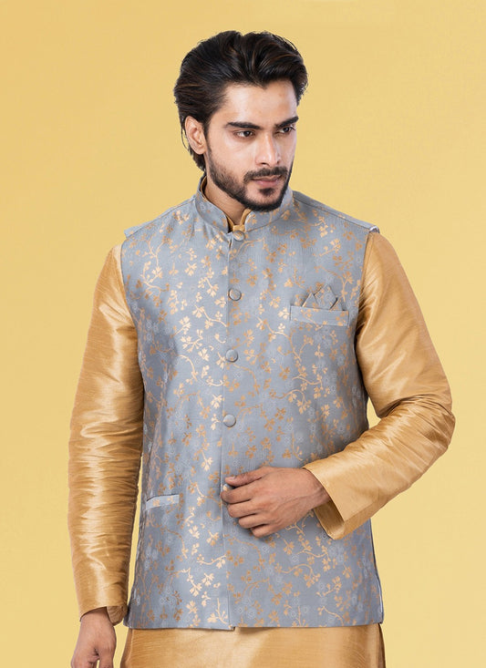 Jacquard Work Silk Grey Nehru Jackets - M7449