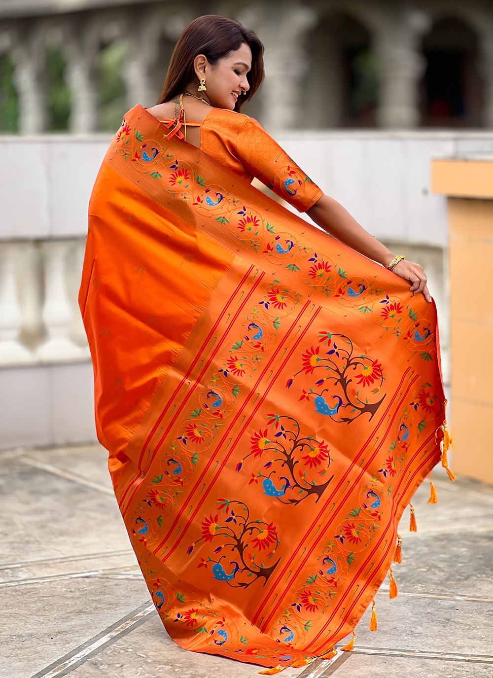 Orange Silk Trendy Saree Jacquard Work, Meenakari S19942