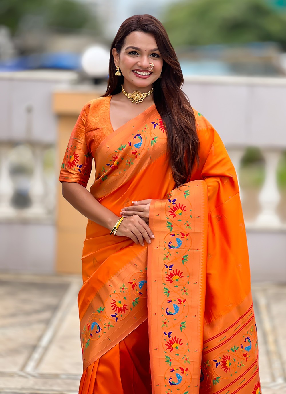Orange Silk Trendy Saree Jacquard Work, Meenakari S19942