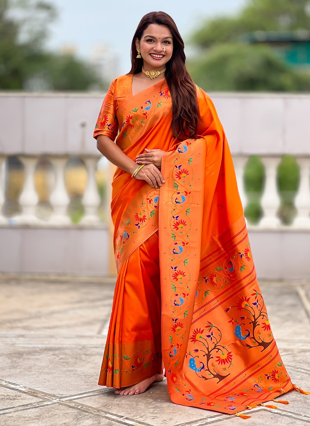 Orange Silk Trendy Saree Jacquard Work, Meenakari S19942