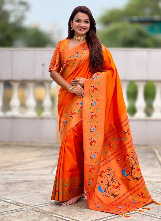 Orange Silk Trendy Saree Jacquard Work, Meenakari S19942