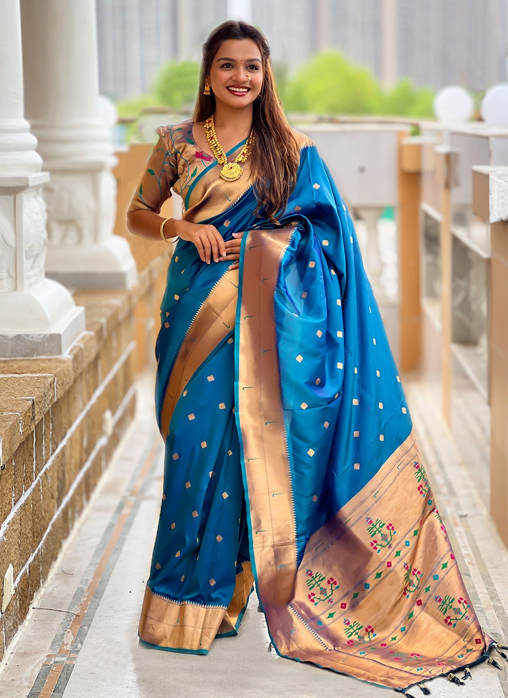 Teal Silk Trendy Saree Jacquard Work S18313