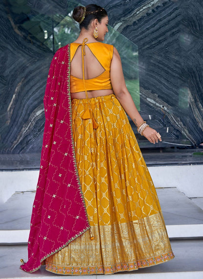 Embroidered Jacquard Silk, Viscose Yellow Lehenga - L3262