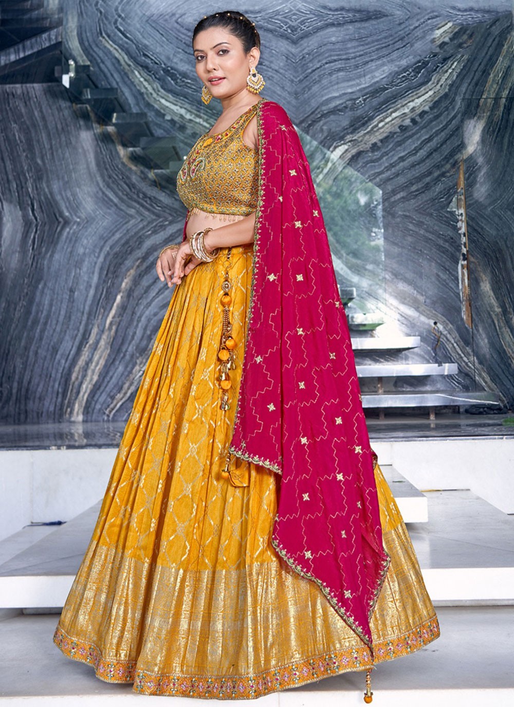 Embroidered Jacquard Silk, Viscose Yellow Lehenga - L3262