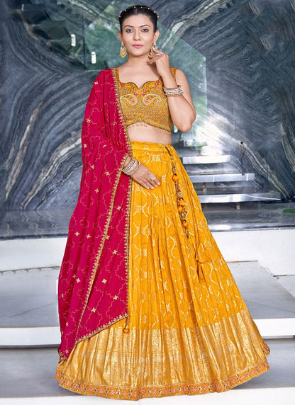 Embroidered Jacquard Silk, Viscose Yellow Lehenga - L3262