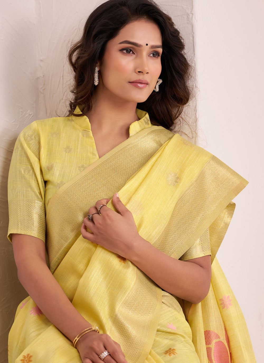 Yellow Linen Classic Saree Jacquard Work S19337