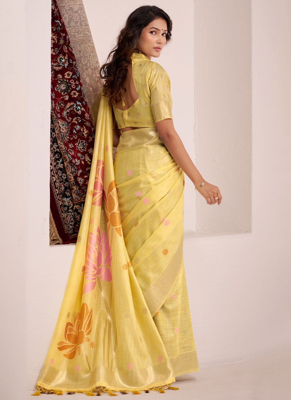 Yellow Linen Classic Saree Jacquard Work S19337