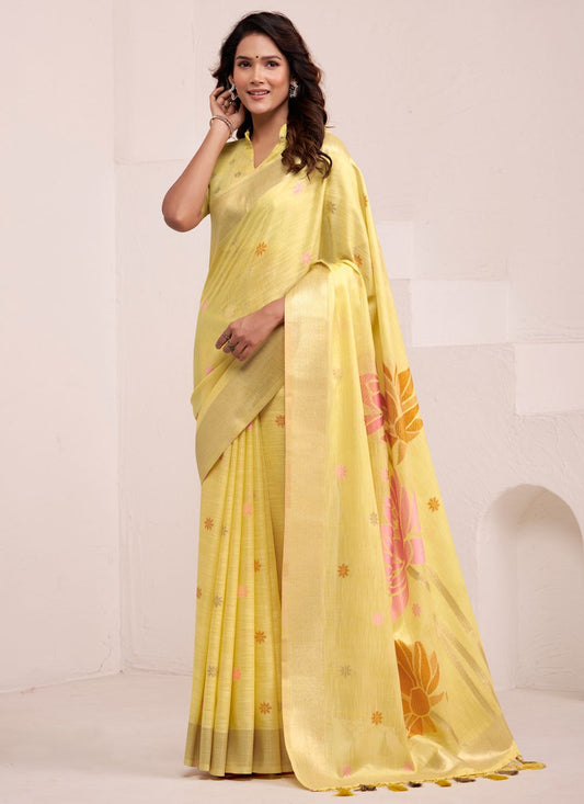 Yellow Linen Classic Saree Jacquard Work S19337