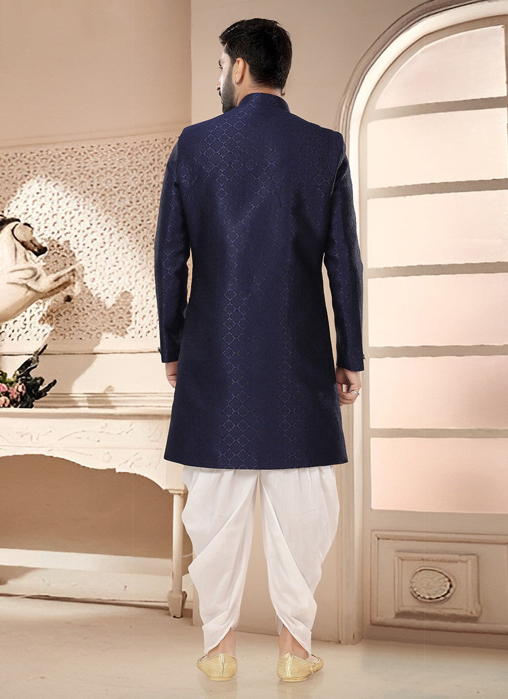 Woven Jacquard Blue Sherwani - M7569