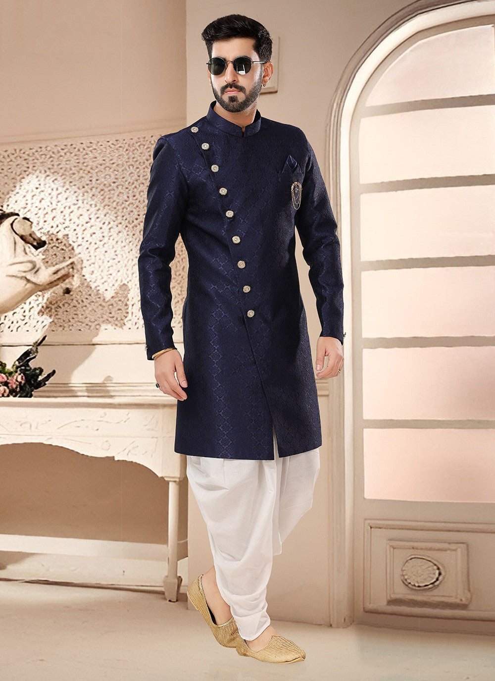 Woven Jacquard Blue Sherwani - M7569