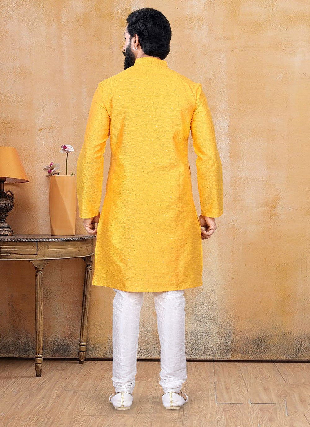 Plain Jacquard Yellow Kurta Pyjama - M3386