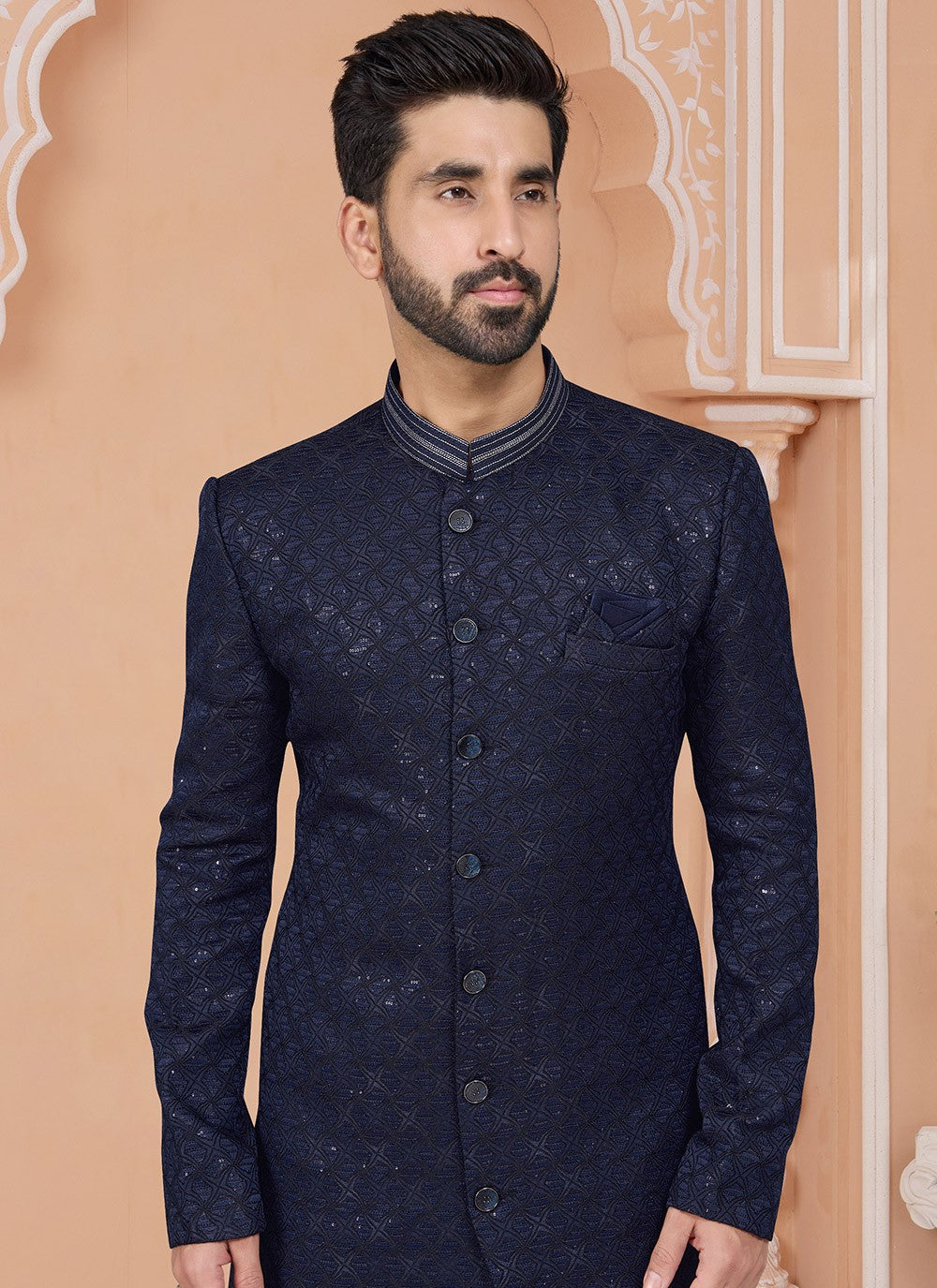 Fancy Work Jacquard Navy Blue Indo Western Sherwani - M7152
