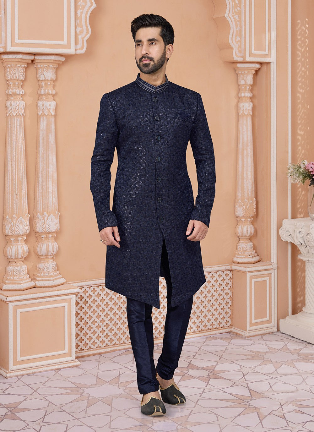 Fancy Work Jacquard Navy Blue Indo Western Sherwani - M7152