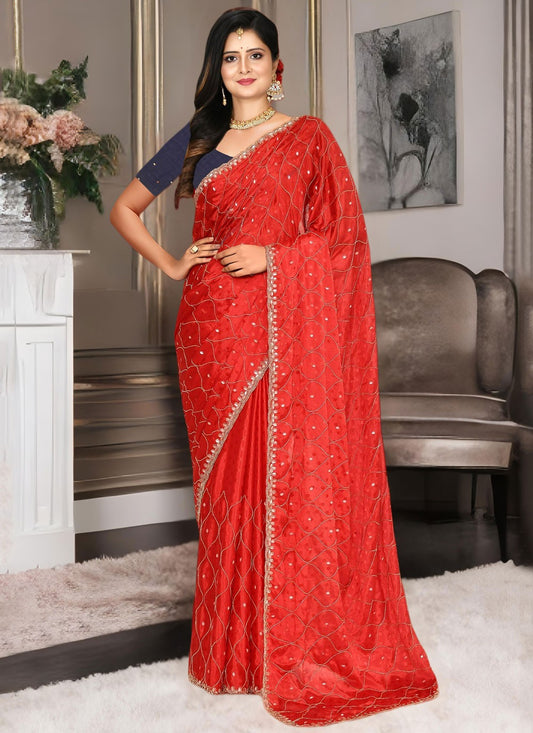 Border Work Jacquard Red Designer Saree S15548