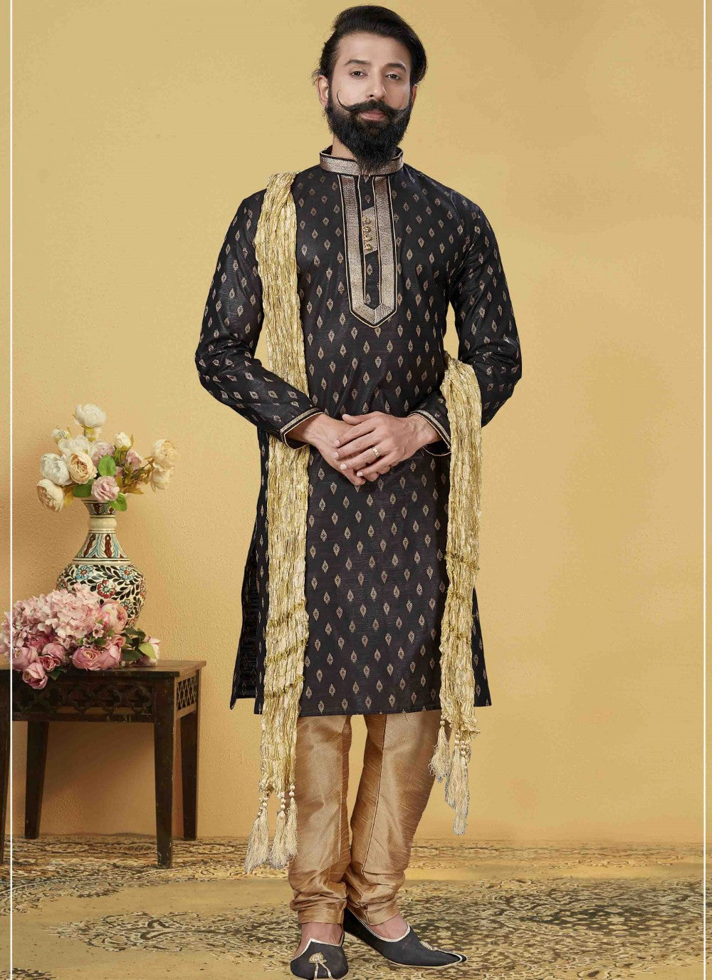 Embroidered Jamawar Silk Black Kurta Pyjama - M1852