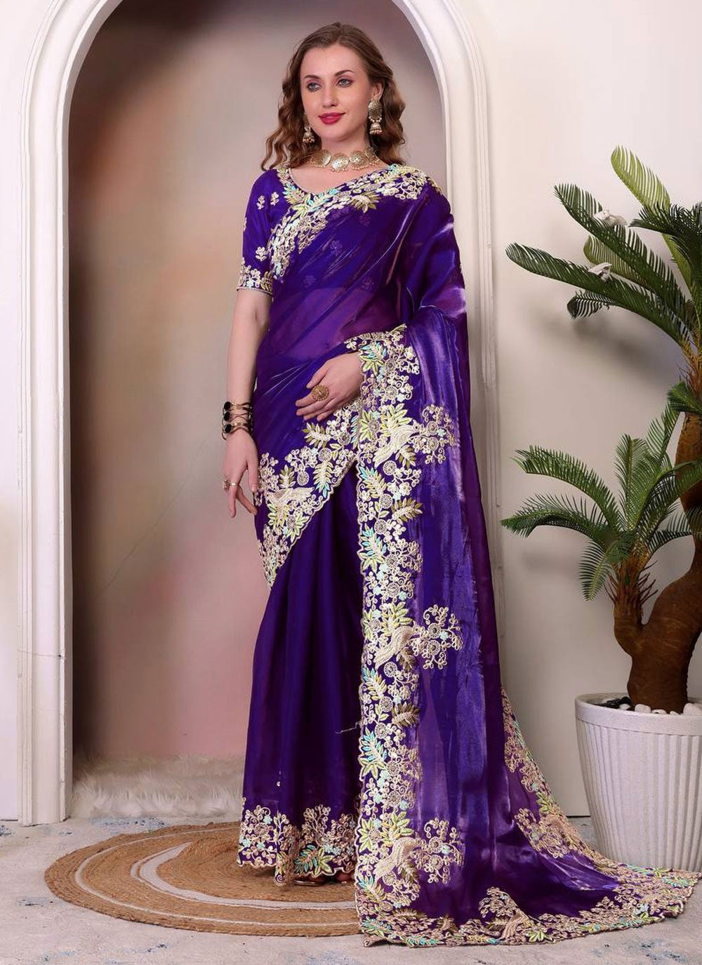 Classic Saree Border Work Blue Jimmy Chu Saree S12943