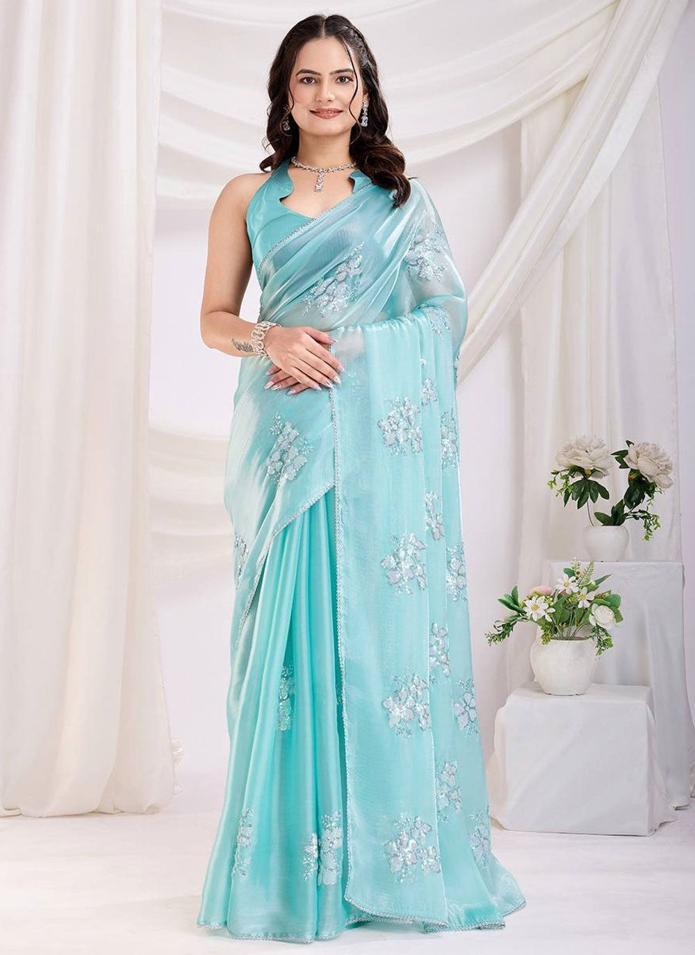 Designer Embroidered Aqua Blue Jimmy Chu Saree S12969