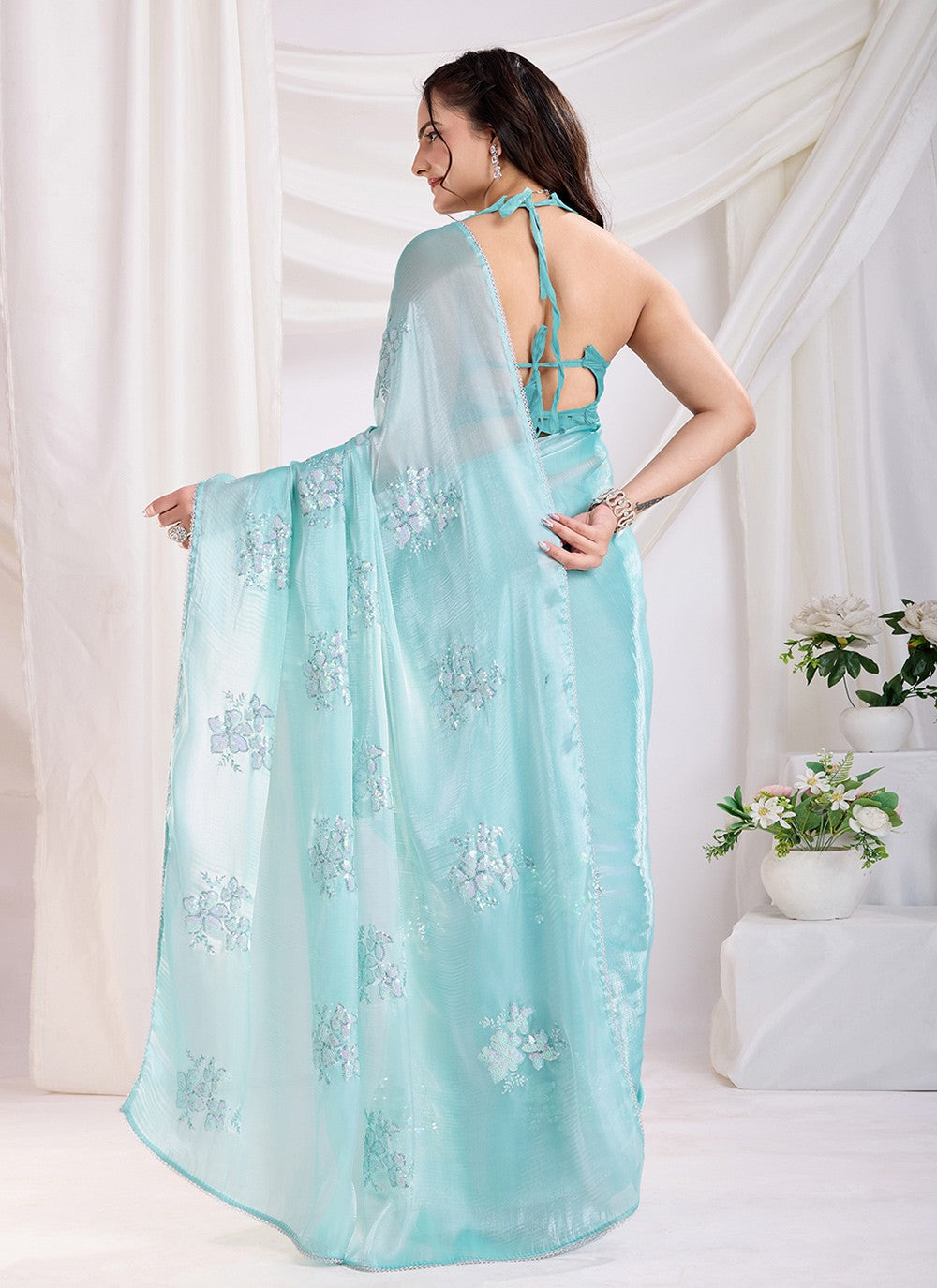 Embroidered Jimmy Chu Sea Green Saree S14097