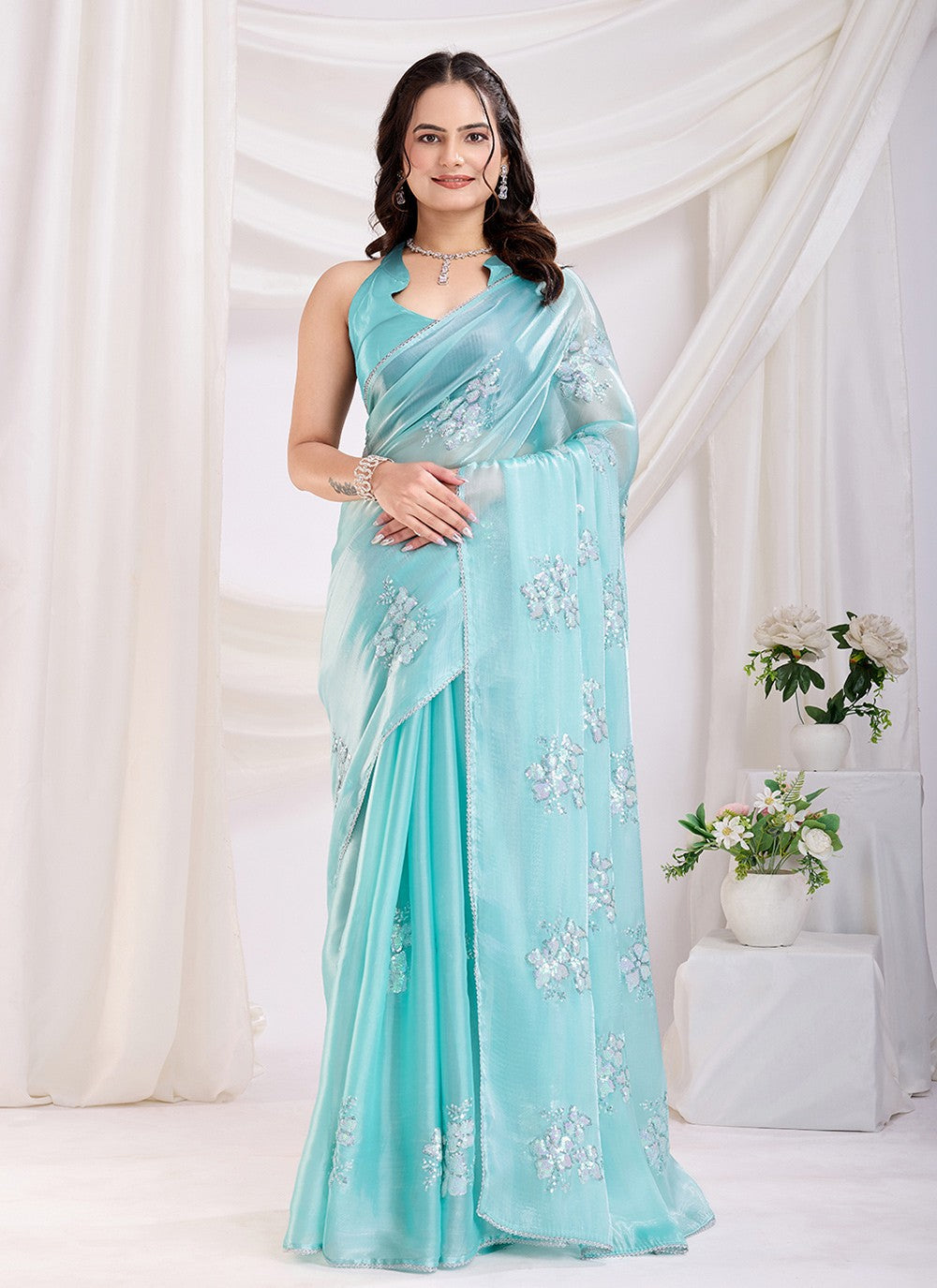 Embroidered Jimmy Chu Sea Green Saree S13861