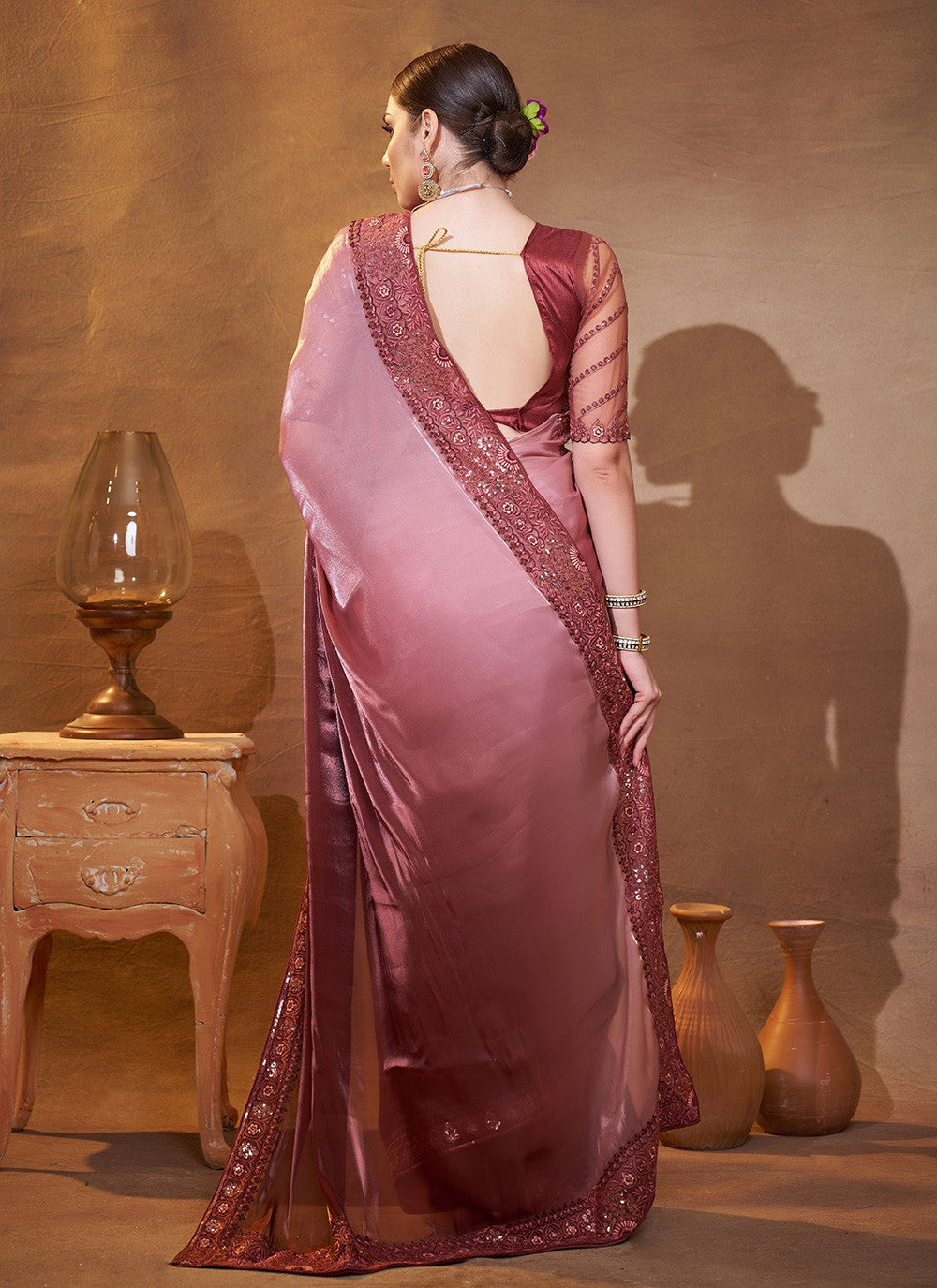 Embroidered Jimmy Chu Brown Saree S14729