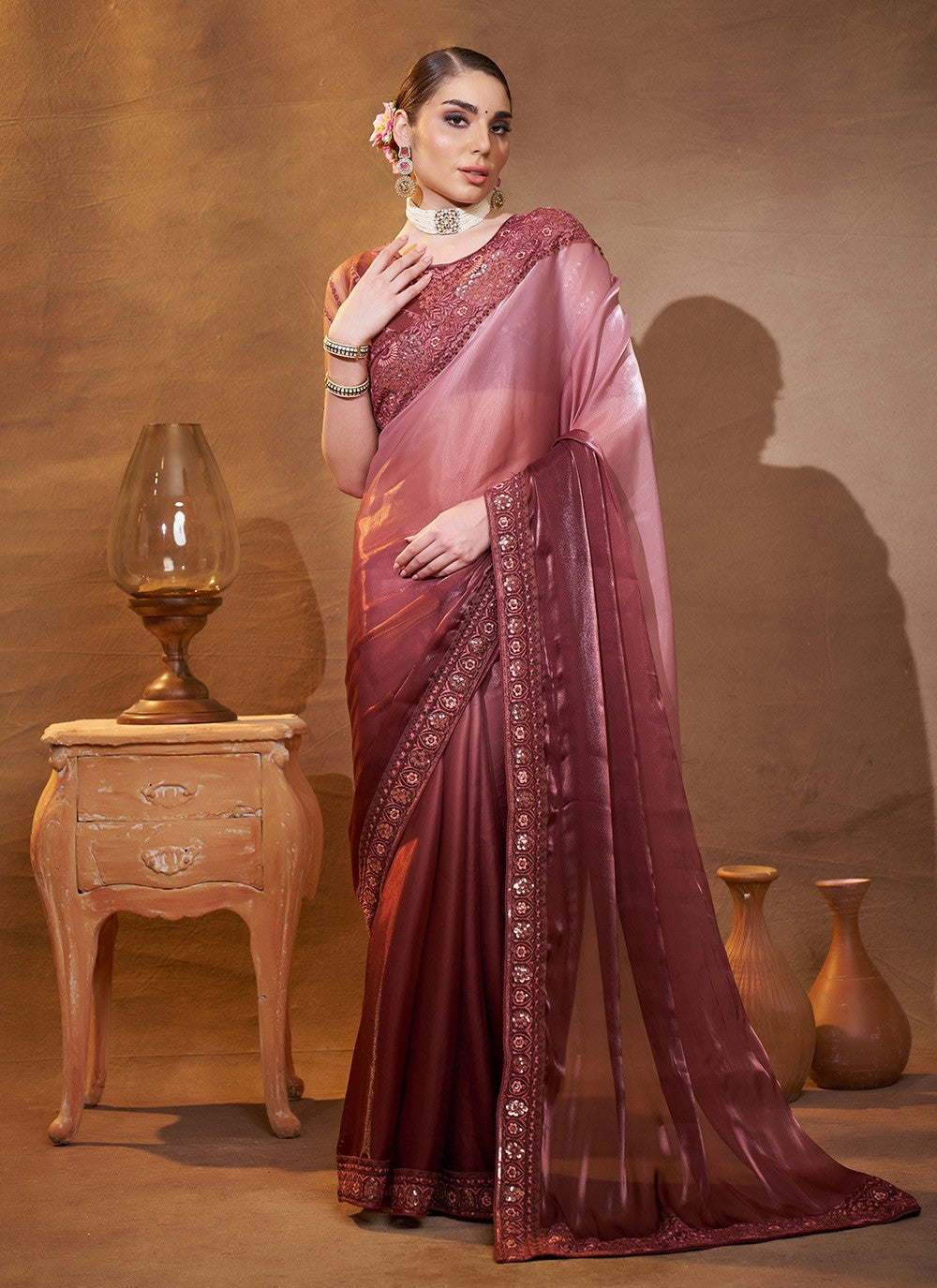 Embroidered Jimmy Chu Brown Saree S14729