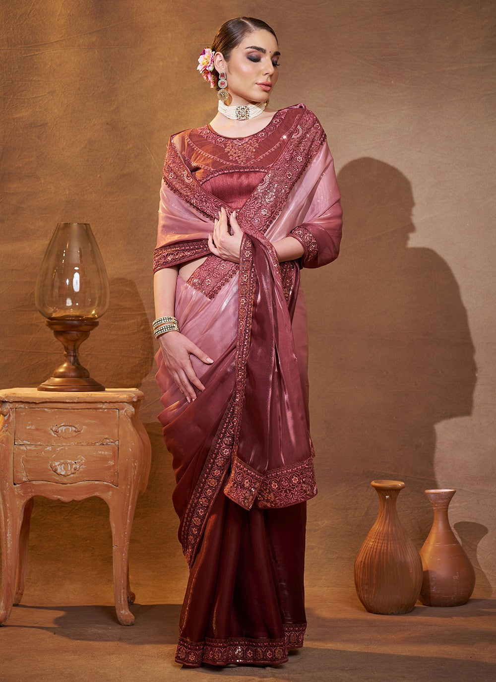 Embroidered Jimmy Chu Brown Saree S14729