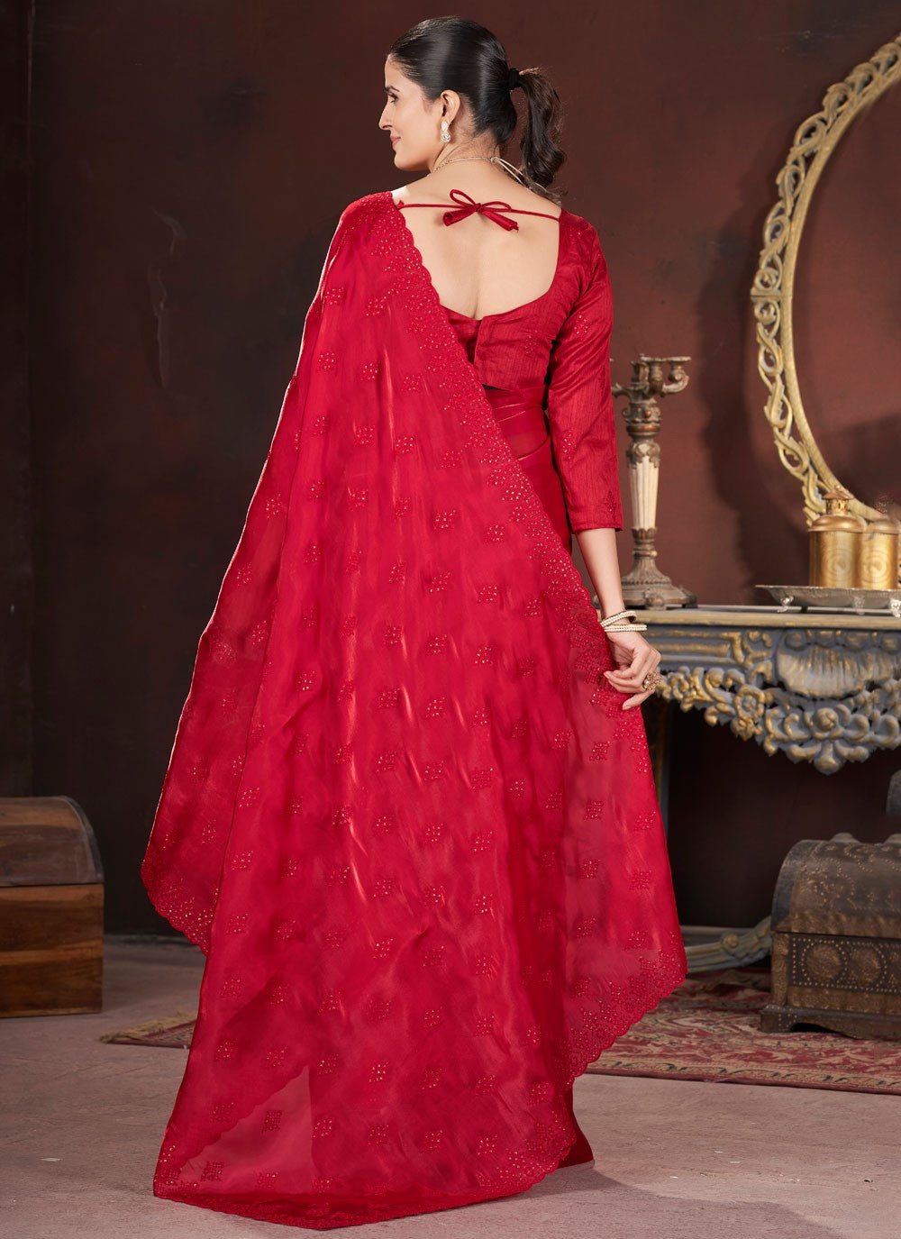 Cut Work Jimmy Chu Red Contemporary Saree S15599