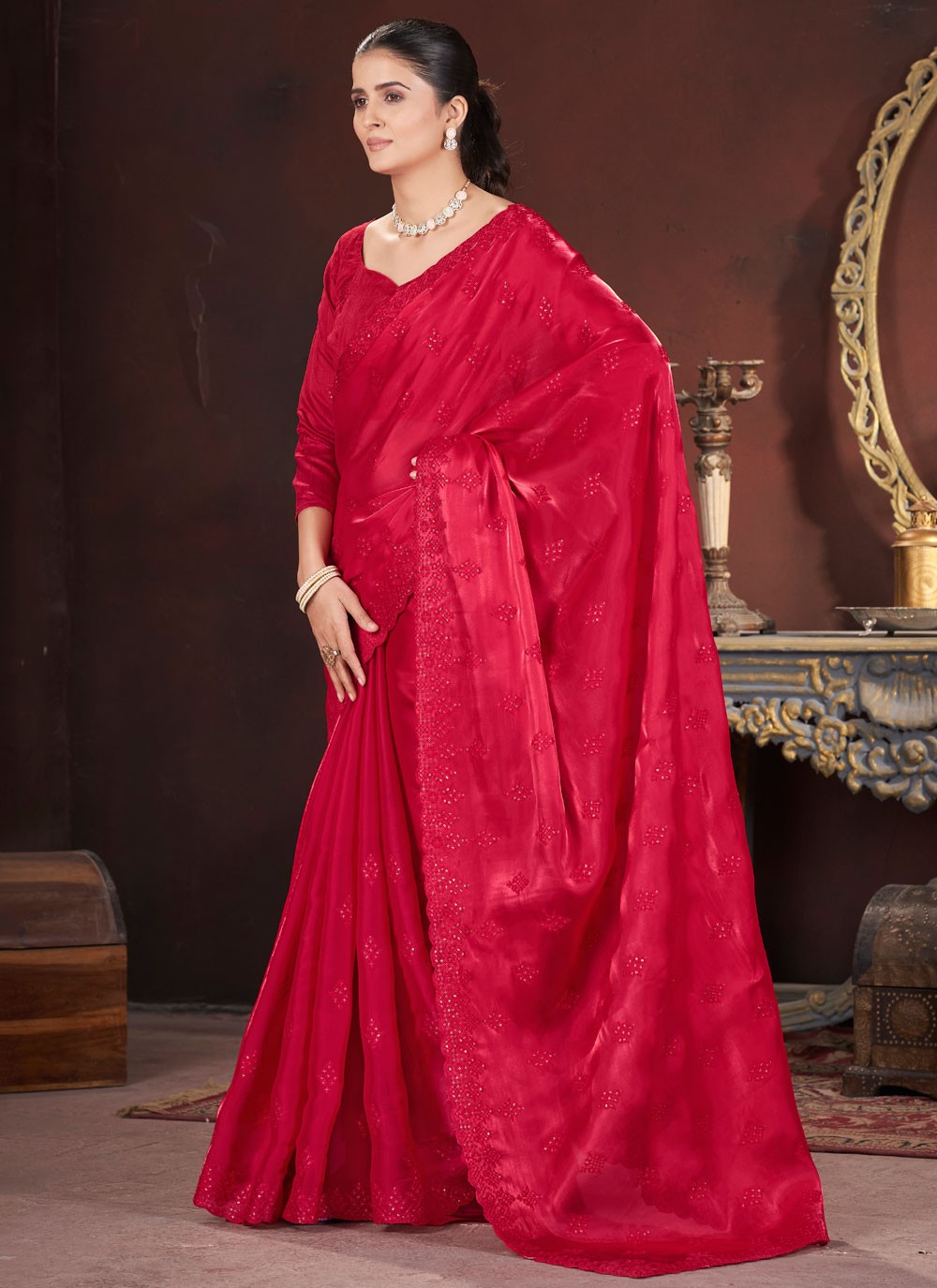 Cut Work Jimmy Chu Red Contemporary Saree S15599