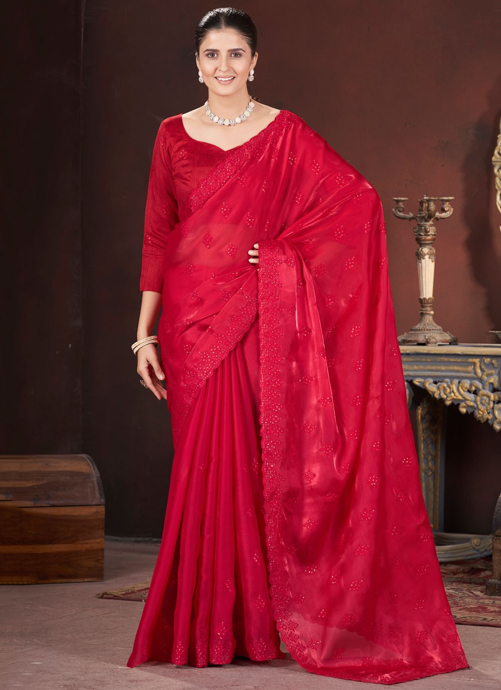 Cut Work Jimmy Chu Red Contemporary Saree S15599