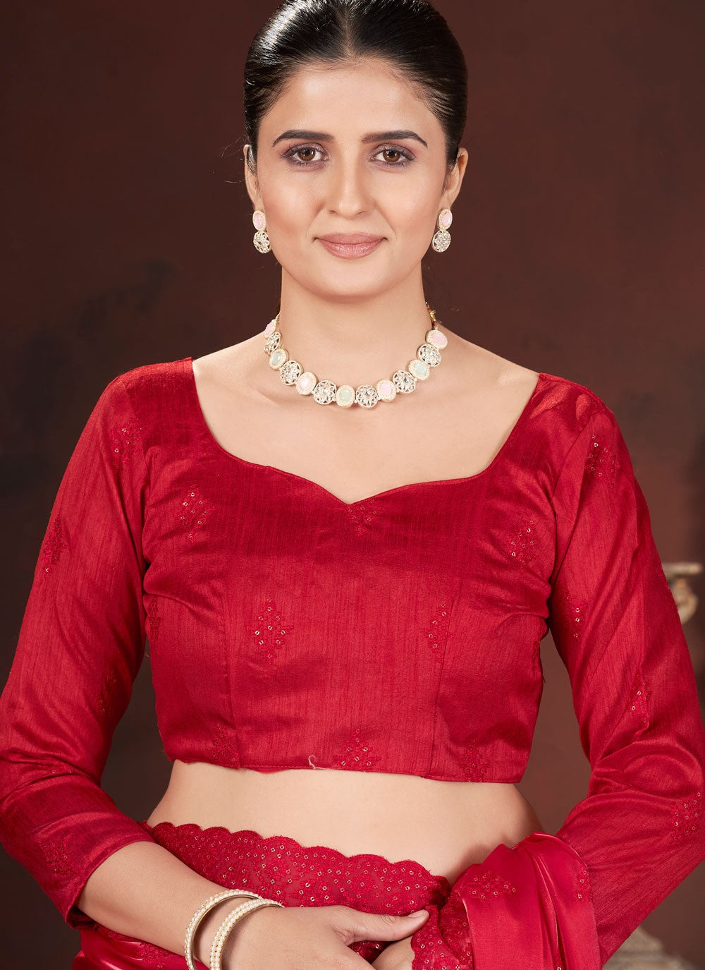 Cut Work Jimmy Chu Red Contemporary Saree S15599